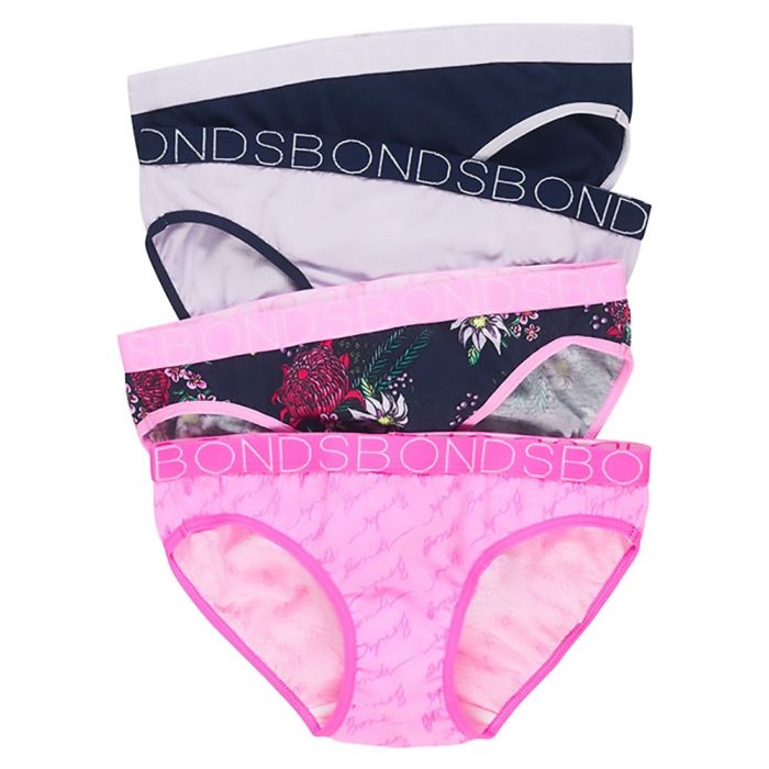 Bonds Girls Bikini 4-Pack Black/Grey/Flowers/Pink Girls Underwear